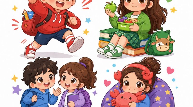 Zabavne horoskopske ilustracije za znake Ovan, Bik, Blizanci i Rak u đačkom horoskopu